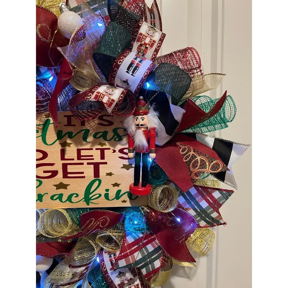 Christmas Nutcracker Holiday Ribbon Door Wreath Handmade 22 ins LED W3